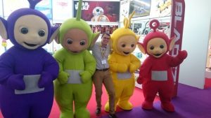 Joel with the Teletubbies at the 2016 London Toy Fair